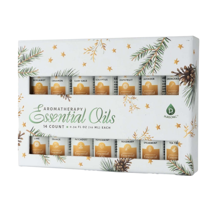 Aromatherapy essential oils set, 14 bottles (10 ml each), includes bergamot, cinnamon, clary sage, eucalyptus, grapefruit, lavender, lemongrass, lime, orange, patchouli, peppermint, rosemary, spearmint, and tea tree.