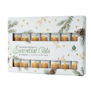 Aromatherapy essential oils set, 14 bottles (10 ml each), includes bergamot, cinnamon, clary sage, eucalyptus, grapefruit, lavender, lemongrass, lime, orange, patchouli, peppermint, rosemary, spearmint, and tea tree.
