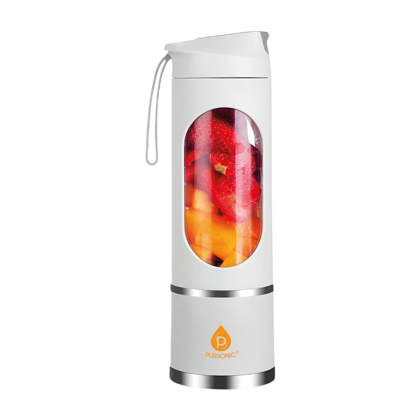 A portable white blender bottle with a viewing window, containing cut fruits. It features a carrying strap and the brand logo \“Pursonic\“ on the base.