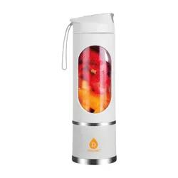 A portable white blender bottle with a viewing window, containing cut fruits. It features a carrying strap and the brand logo \“Pursonic\“ on the base.