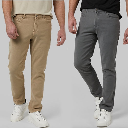 Two men wearing khaki and gray chinos with white sneakers.