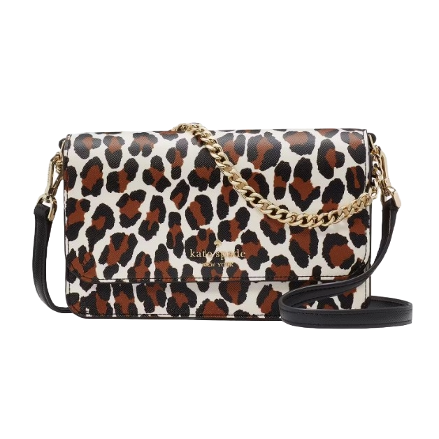 Leopard print handbag with a gold chain strap and black adjustable strap, featuring \“kate spade new york\“ branding on the front.