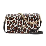 Leopard print handbag with a gold chain strap and black adjustable strap, featuring \“kate spade new york\“ branding on the front.