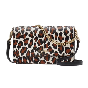 Leopard print handbag with a gold chain strap and black adjustable strap, featuring \“kate spade new york\“ branding on the front.