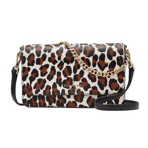 Leopard print handbag with a gold chain strap and black adjustable strap, featuring \“kate spade new york\“ branding on the front.