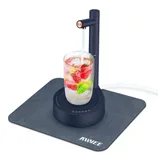 A sleek countertop water dispenser pouring water into a glass with strawberries, mint, and ice. The unit is placed on a square mat labeled \“MIVEE.\“