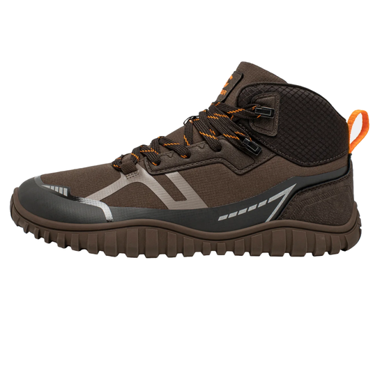 A brown high-top sneaker with orange accents, featuring a rugged treaded sole and lace-up closure.
