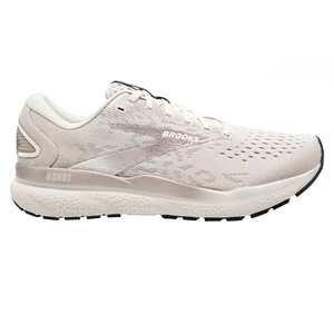 The Brooks Men's Ghost 16 Shoes are designed in a light beige color with breathable mesh material and feature a cushioned midsole for comfort. They have a durable outsole with grip, suitable for running or walking.
