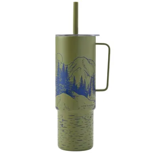 Green metal tumbler with a handle and straw, featuring a mountain and tree design in blue.