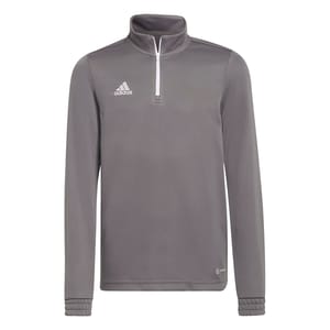 Adidas kids' Entrada 22 training top, grey, features a quarter-zip front, long sleeves, and a high collar. Includes Adidas logo on the chest and utilizes Aeroready technology.