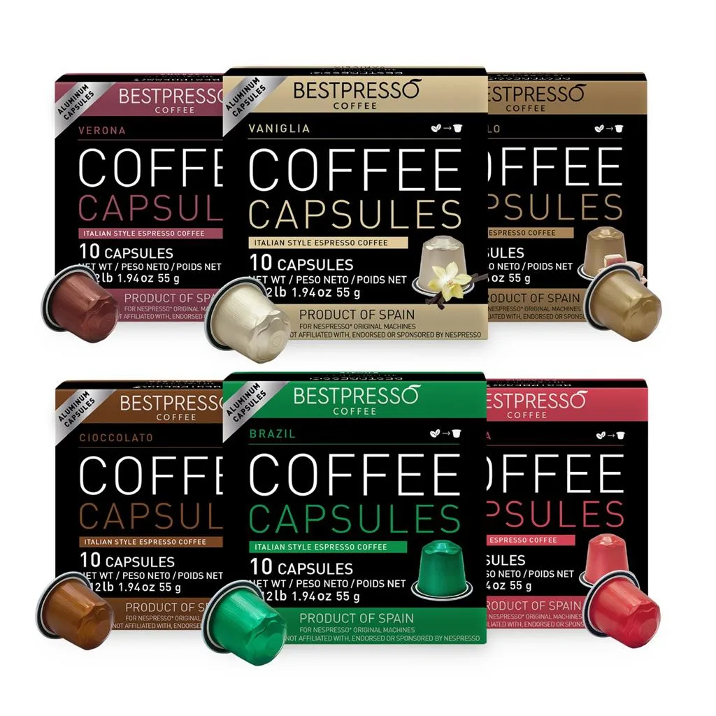 Assorted Bestpresso coffee capsules in various flavors, each package contains 10 capsules.