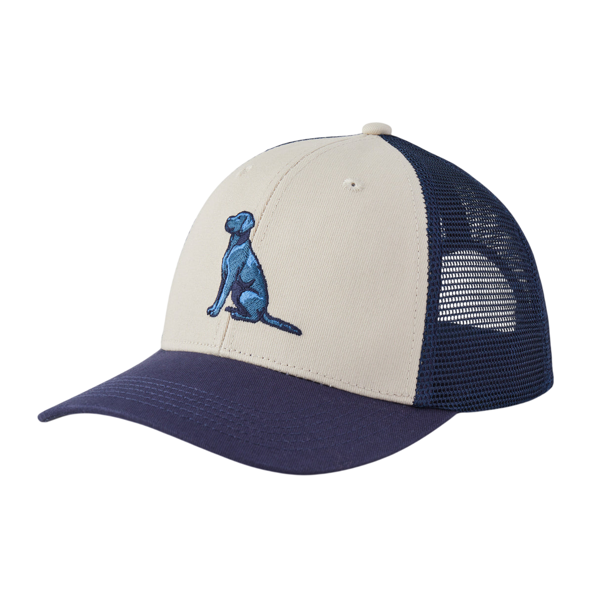 A beige and navy trucker hat featuring an embroidered blue dog logo on the front, with a mesh back panel for ventilation.