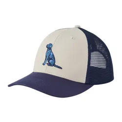 A beige and navy trucker hat featuring an embroidered blue dog logo on the front, with a mesh back panel for ventilation.