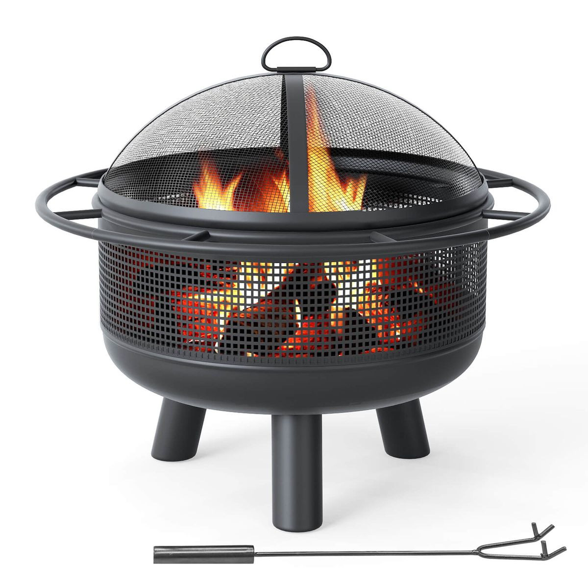 A metal fire pit with a mesh dome lid, featuring burning wood and flames inside. It includes a metal poker for stoking the fire.