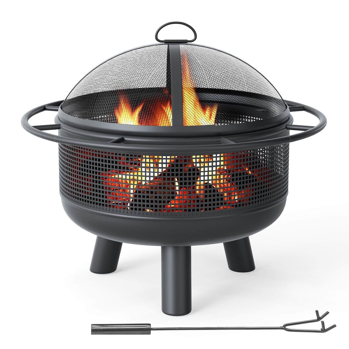 A metal fire pit with a mesh dome lid, featuring burning wood and flames inside. It includes a metal poker for stoking the fire.