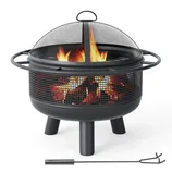 A metal fire pit with a mesh dome lid, featuring burning wood and flames inside. It includes a metal poker for stoking the fire.