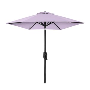 A lavender-colored outdoor patio umbrella with a crank handle and a black pole.