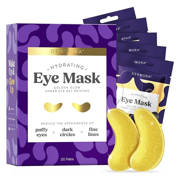 Dermora Hydrating Eye Mask features golden-glow under-eye gel patches in a purple box containing 20 pairs. They aim to reduce puffy eyes, dark circles, and fine lines.