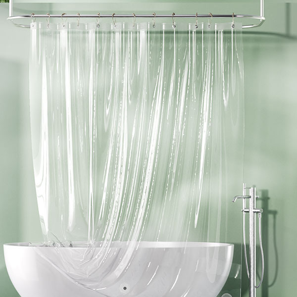 A clear shower curtain with vertical stripes attached to a silver rail above a white bathtub, with a metallic showerhead and faucet on the right.