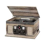 A vintage-style Victrola wooden record player with a hinged lid, equipped with radio and control knobs on the front, complemented by built-in speakers.