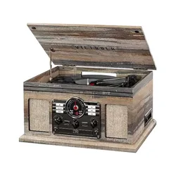 A vintage-style Victrola wooden record player with a hinged lid, equipped with radio and control knobs on the front, complemented by built-in speakers.