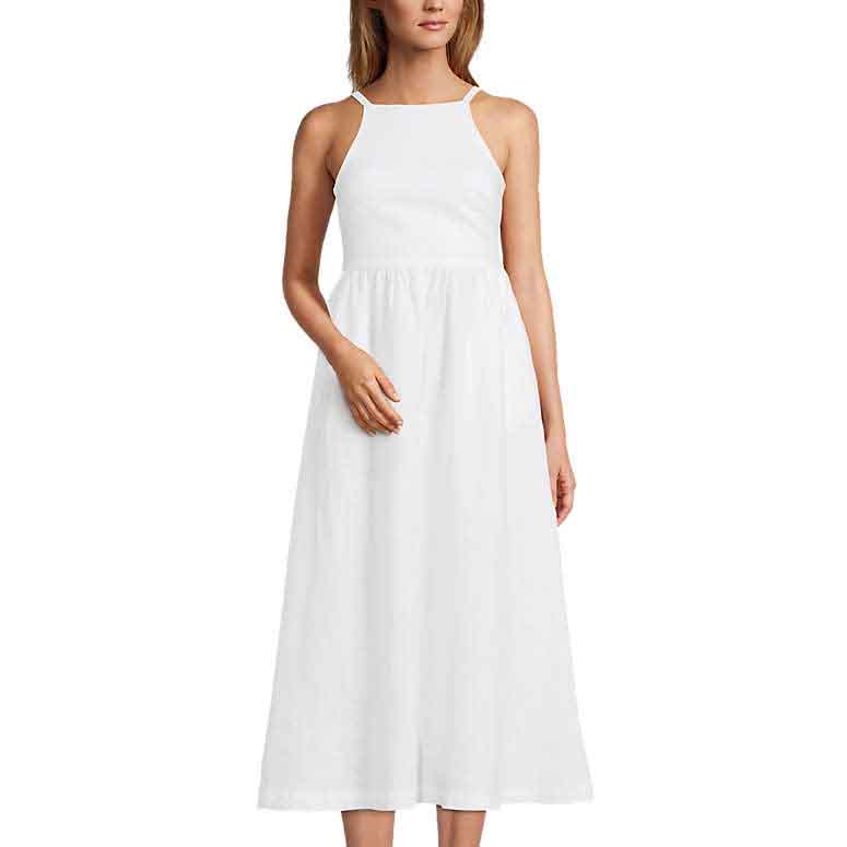 A white sleeveless midi dress featuring a high neckline and a fitted bodice that flows into a soft, gathered skirt, made from lightweight linen for a breezy, summery feel.