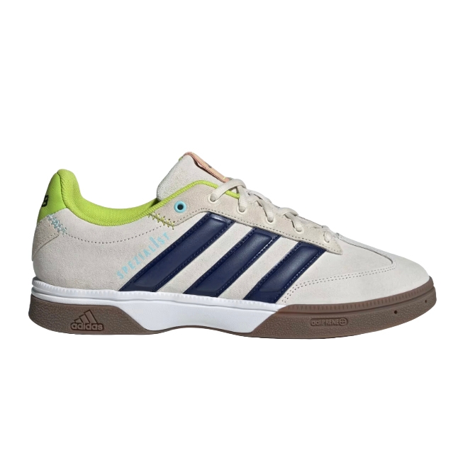 Adidas sneaker featuring a beige suede upper, navy three-stripe design, lime green interior accents, and a brown sole with Adiprene technology.