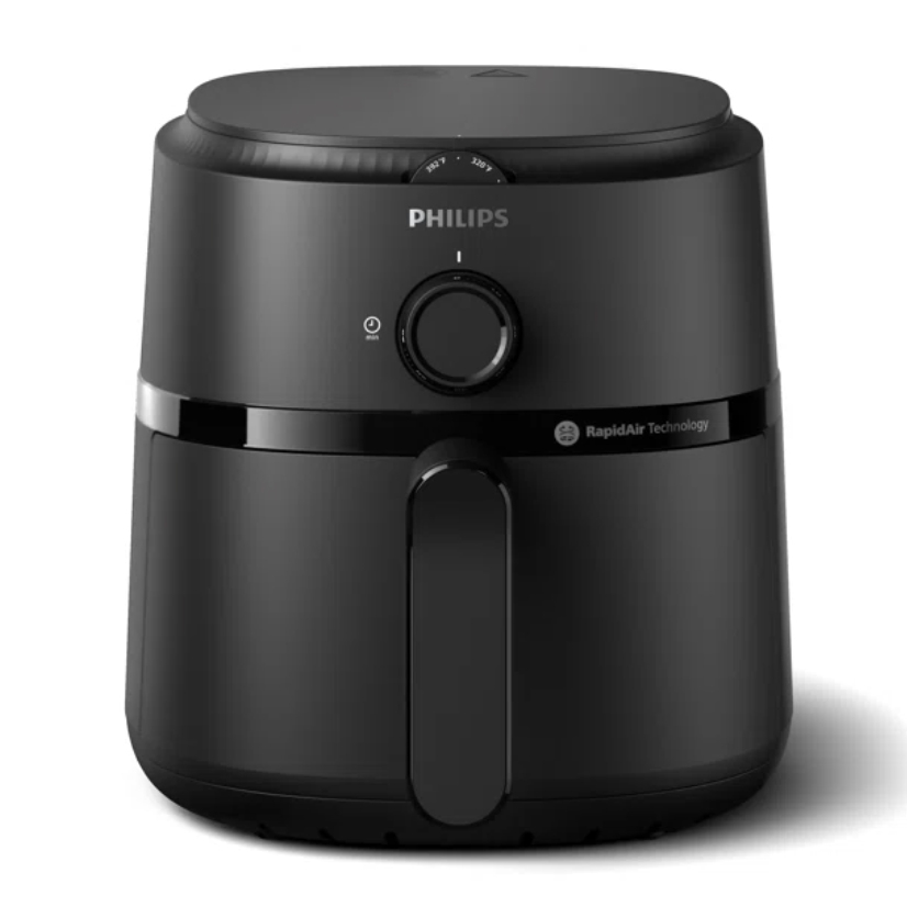 A black Philips air fryer with a 3.2-quart capacity, featuring a central dial control for adjusting settings and utilizing RapidAir Technology for cooking.