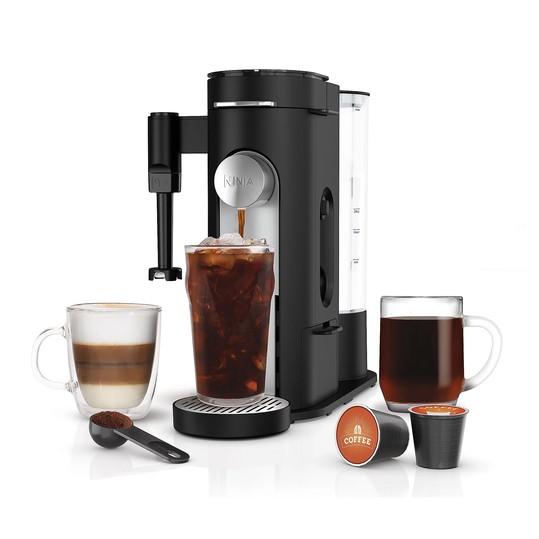 A Ninja Specialty Coffee Maker brews various coffee types, including iced coffee, and features a spout for direct dispensing. It comes with a glass of iced coffee, a cup of layered coffee, and a cup of hot coffee, alongside coffee pods and a scoop.