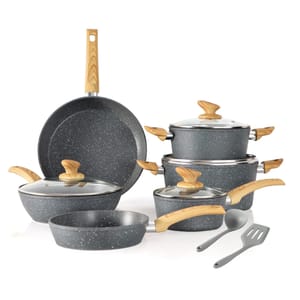 This is a 12-piece cookware set with a marbled grey finish, featuring wooden-effect handles and knobs, including pots with lids, frying pans, and two cooking utensils.
