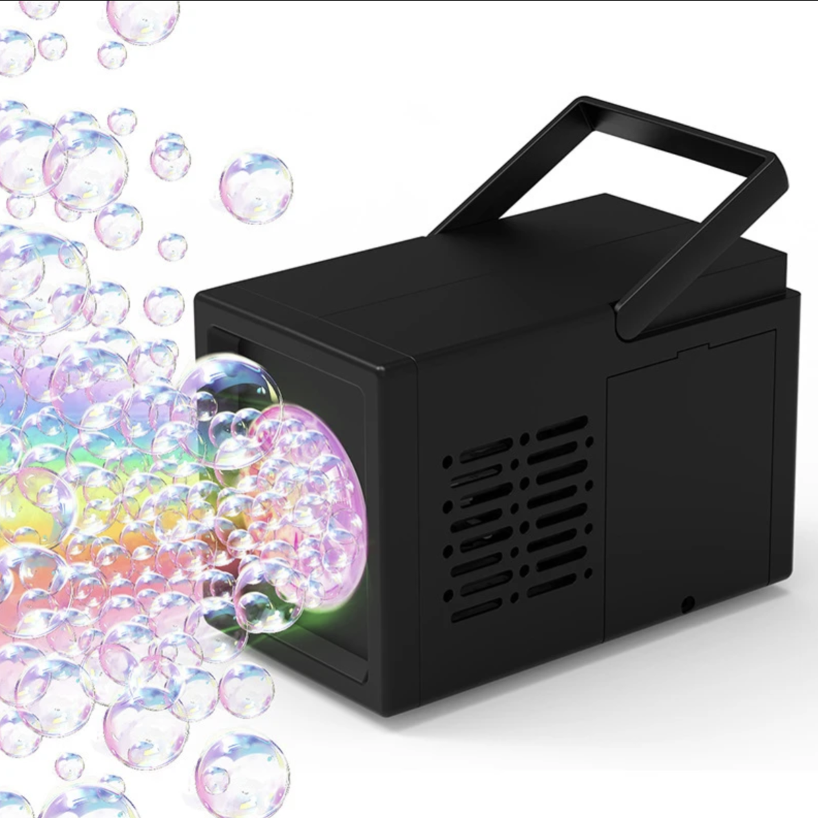 A black bubble machine with a handle is shown releasing a stream of colorful bubbles.