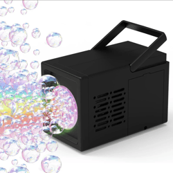 A black bubble machine with a handle is shown releasing a stream of colorful bubbles.