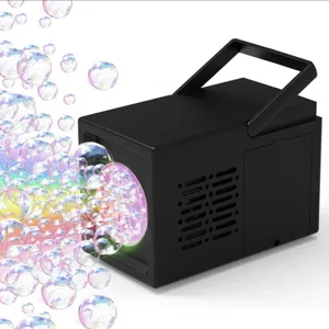 A black bubble machine with a handle is shown releasing a stream of colorful bubbles.
