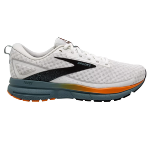 Brooks Trace running shoe, featuring a white mesh upper, black and orange accents, and a gray sole.