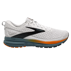 Brooks Trace running shoe, featuring a white mesh upper, black and orange accents, and a gray sole.