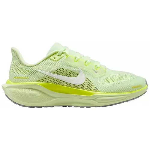 A neon green Nike sneaker featuring a mesh upper for breathability, a white swoosh logo, and a cushioned sole designed for comfort and athletic performance.