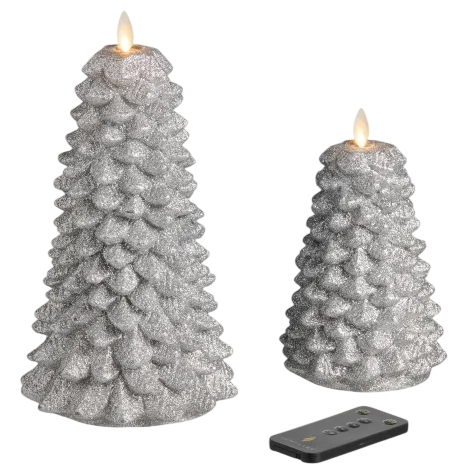 Two glittery, silver, LED wax candles shaped like Christmas trees with a remote control, featuring flickering flame effects.