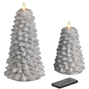 Two glittery, silver, LED wax candles shaped like Christmas trees with a remote control, featuring flickering flame effects.