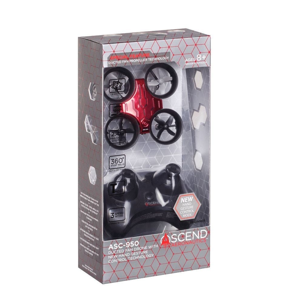 Ascend Aeronautics ASC-950 drone with ducted fan propeller technology, 360° stunt rolls, hand gesture control mode, 2.4GHz precision digital control, and three speed settings for ages 8 and up.
