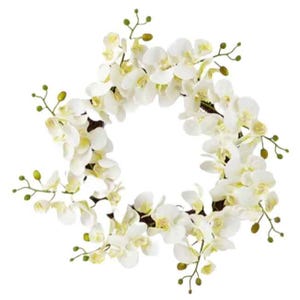 A 24-inch white orchid wreath featuring delicate white orchid blossoms with light yellow centers and small green buds on stems, arranged in a circular pattern.