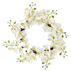 A 24-inch white orchid wreath featuring delicate white orchid blossoms with light yellow centers and small green buds on stems, arranged in a circular pattern.
