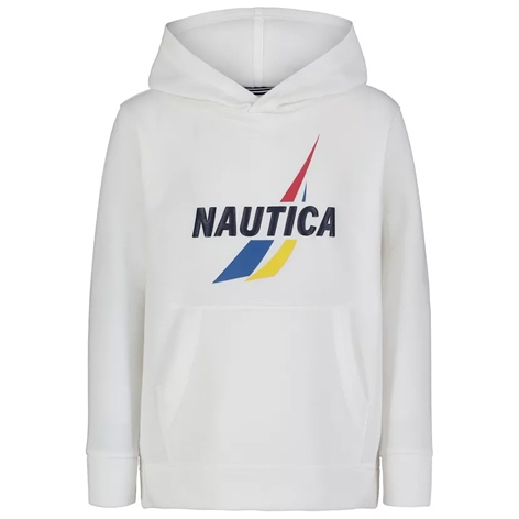 White hoodie featuring the Nautica logo with a multicolored sail design on the front.