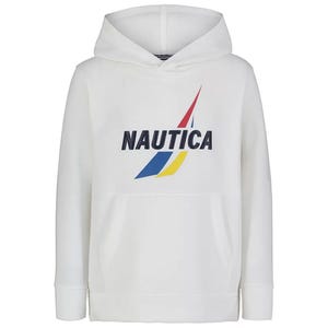 White hoodie featuring the Nautica logo with a multicolored sail design on the front.