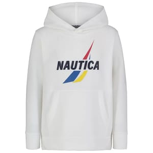 White hoodie featuring the Nautica logo with a multicolored sail design on the front.