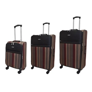 Three pieces of rolling softside luggage with telescoping handles, featuring a striped pattern in hues of brown, black, and red. Sizes range from small carry-on to large check-in.