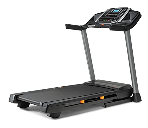 A black and gray treadmill with a digital display and control panel, featuring a running belt and handrails.