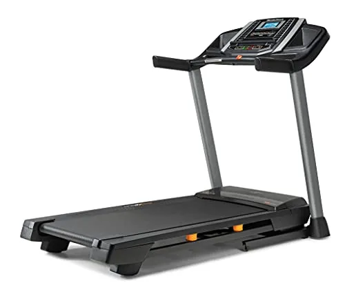 A black and gray treadmill with a digital display and control panel, featuring a running belt and handrails.