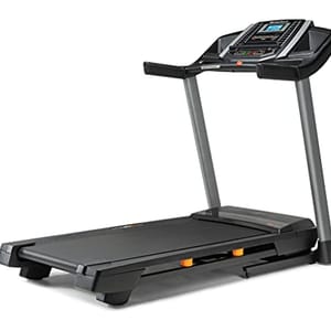 A black and gray treadmill with a digital display and control panel, featuring a running belt and handrails.