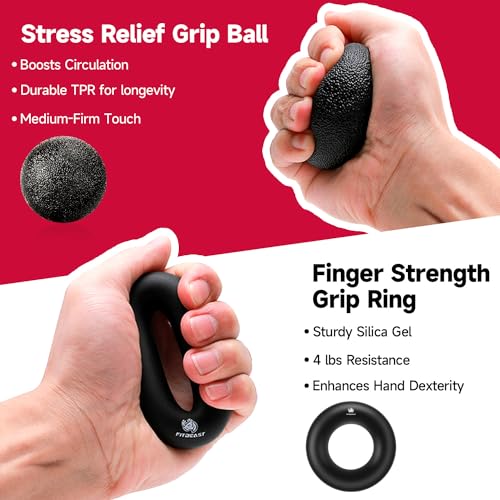 Stress Relief Grip Ball made of durable TPR for circulation and a medium-firm touch, and Finger Strength Grip Ring with 4 lbs resistance and sturdy silica gel to enhance hand dexterity.
