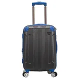 A gray hard-shell suitcase with blue accents, featuring four spinner wheels and a telescopic handle.